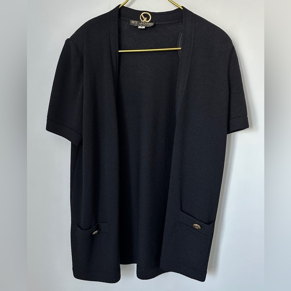 St. John Basics Black Knit Open Front Short Sleeve Cardigan Women’s Medium - Picture 1 of 7